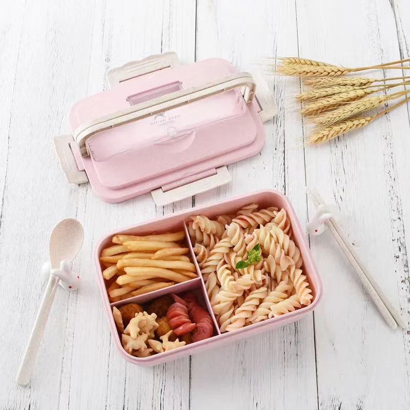 Microwave Safe Wheat Straw Bento Lunch Box Three Grids Food Container With Utensil