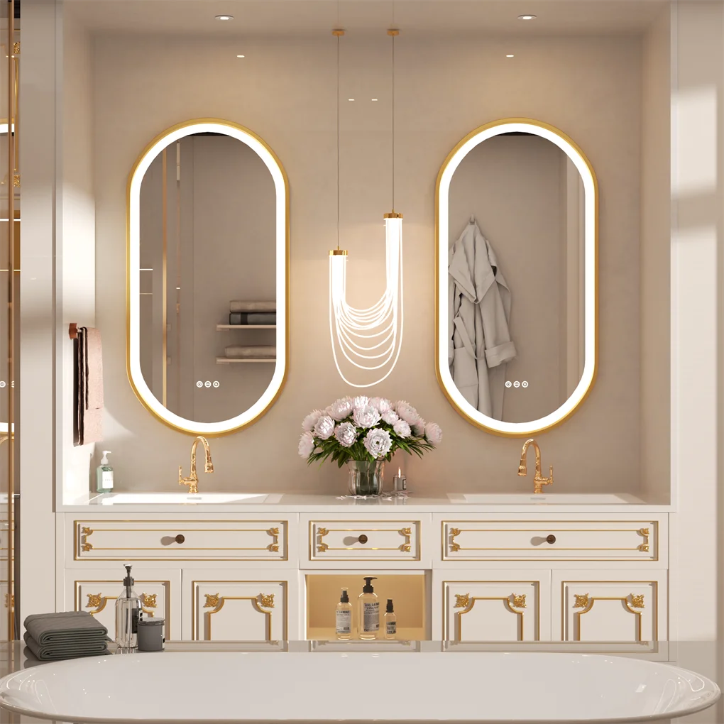 Luxury Led Lighted Bathroom Mirror Oval Illuminated Bathroom Mirror with Gold Aluminum Frame Demister Pad
