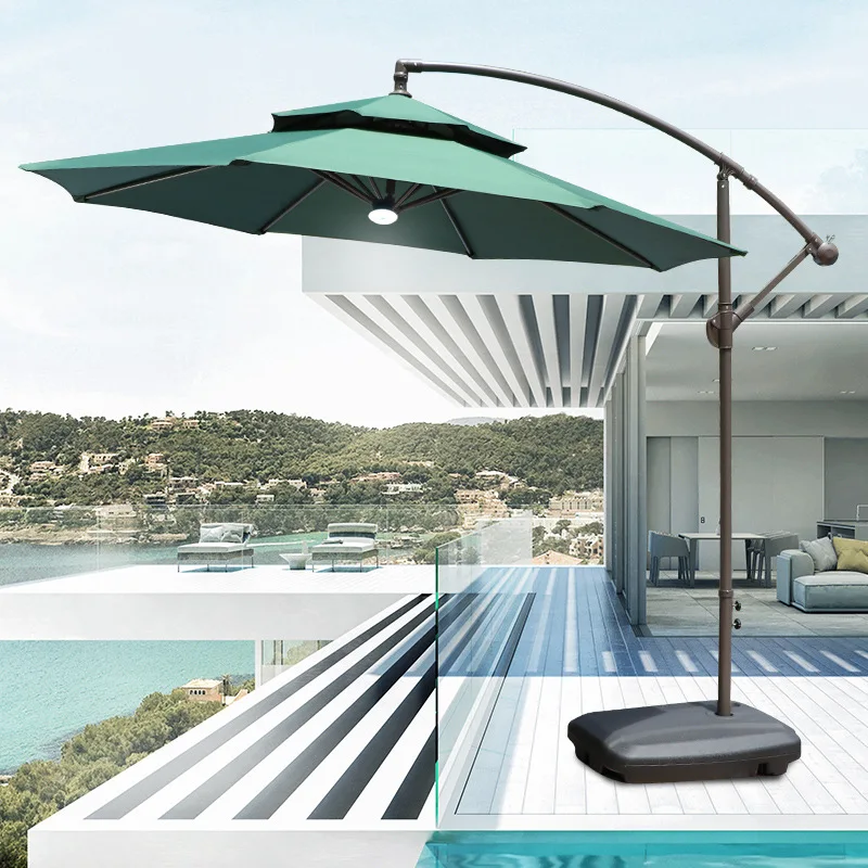 Outdoor Table Chair With Umbrella Solar LED light Sun Shade Cantilever Banana Hanging Umbrella
