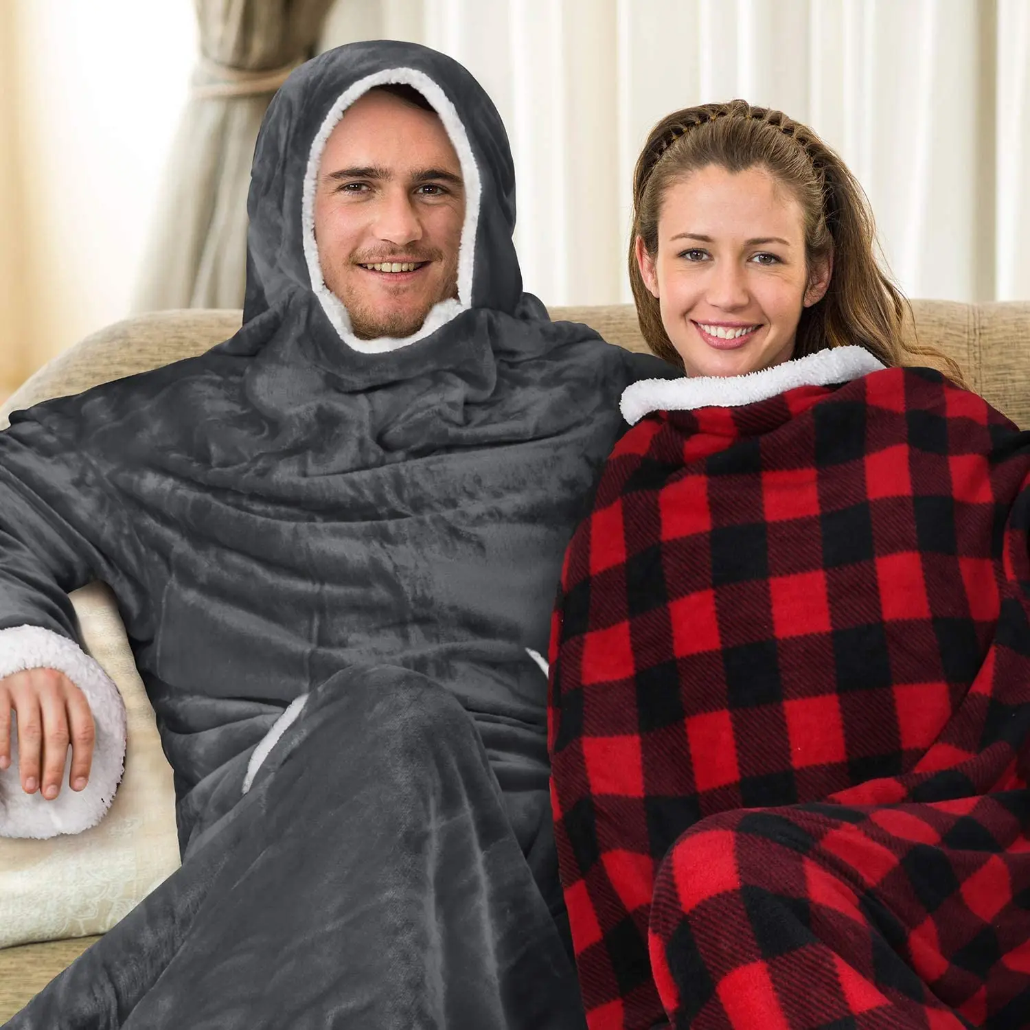 Winter warm one size for all giant flannel sherpa hug sleep blanket double layer wearable hoodie tv blanket with hood