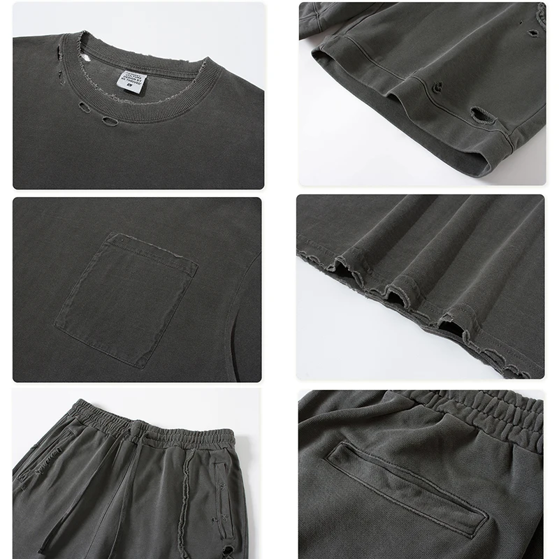 Lcool custom streetwear t shirt blank heavyweight washed oversize shorts sets men t shirt set