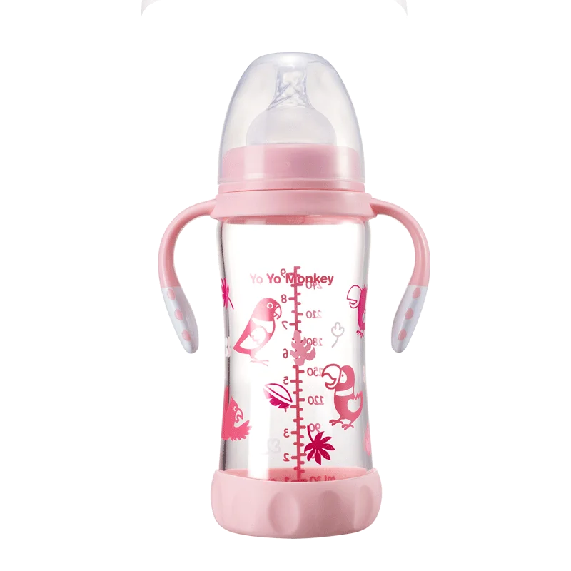China Manufacturer BPA free wide mouth baby borosilicate glass milk bottle with silicone boots and detachable handle 280ML