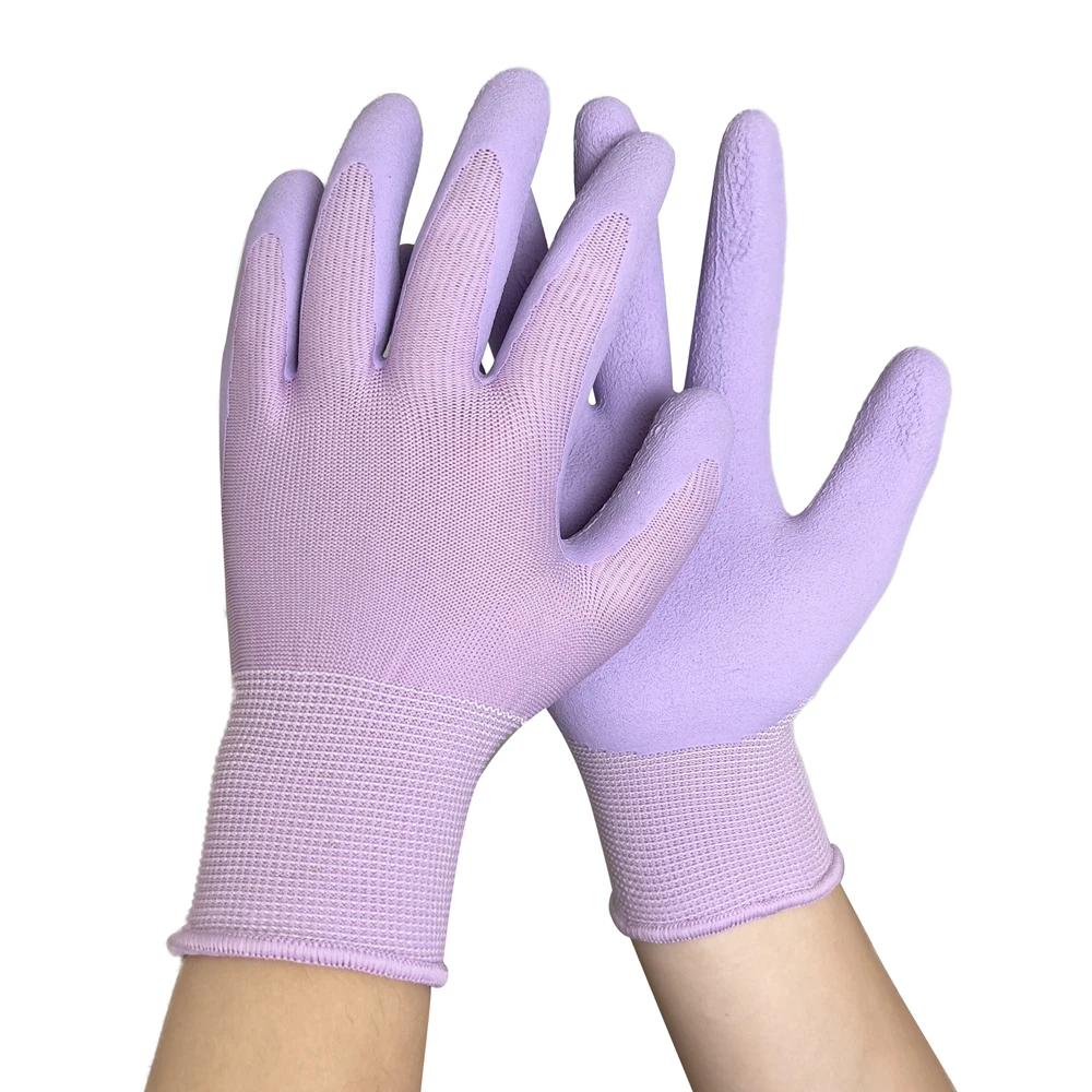 Breathable Ultra-thin Flexible 13G purple polyester liner, purple foam latex palm coated gloves Glove For Work And Handling