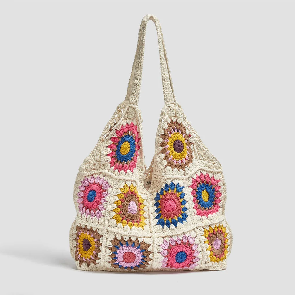 Niyang factory wholesale new design handbags handmade brand oem shoulder bags women shopping colorful cotton knit bags