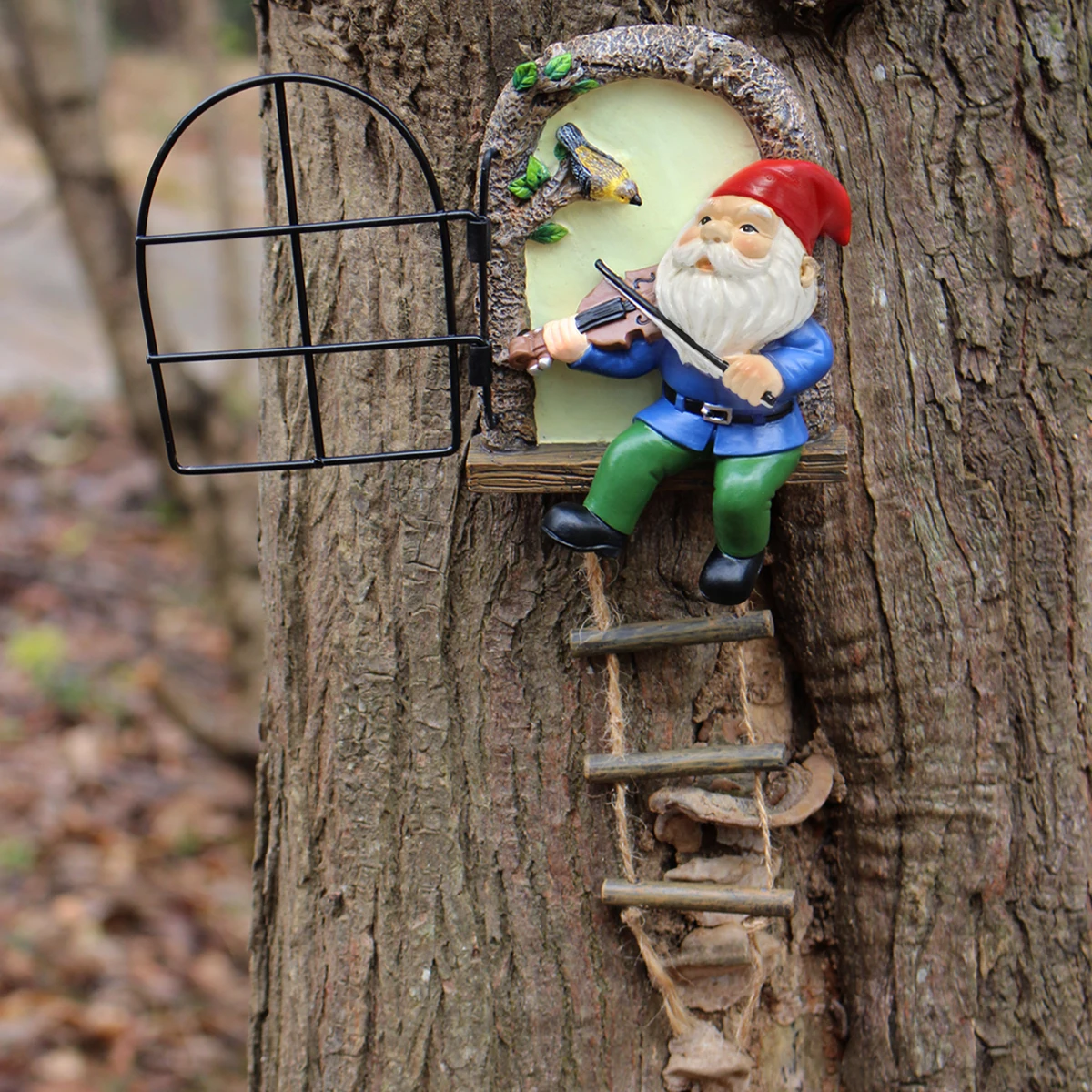 Elf Out The Door Tree Hugger Garden Statue Gnome Playing Violin Garden Gnomes Tree Hanging Miniature Gnome for Christmas Tree