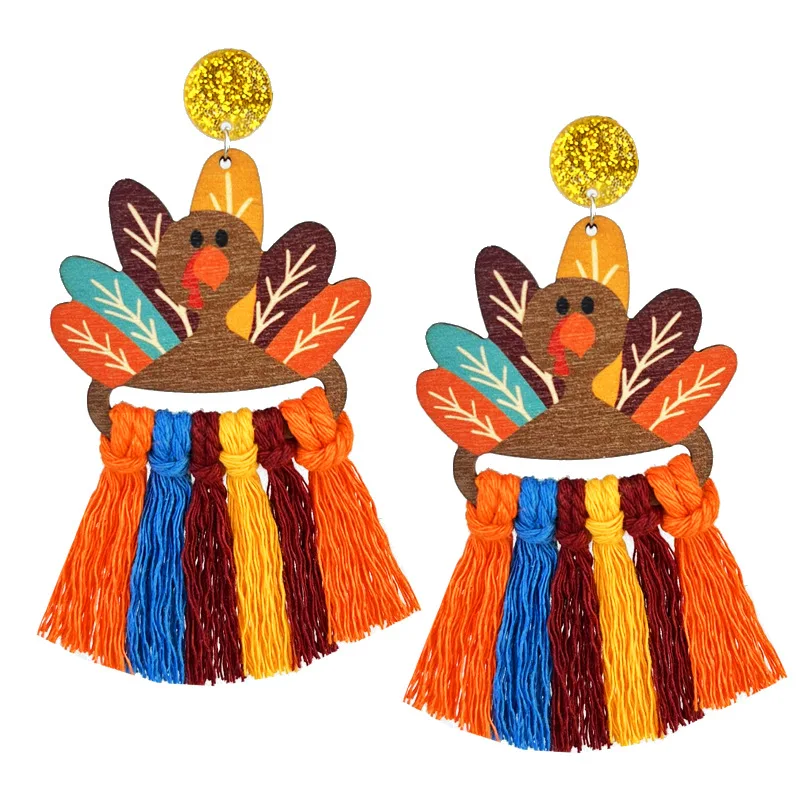 Thanksgiving Day Autumn Hand Woven Tassel Earrings Creative Turkey Pumpkin Maple Leaf Print Wooden Party Earrings For Women