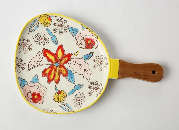 
Nordic handpainted Kitchen Restaurant Plates handpainted porcelain food dish with bamboo handle 