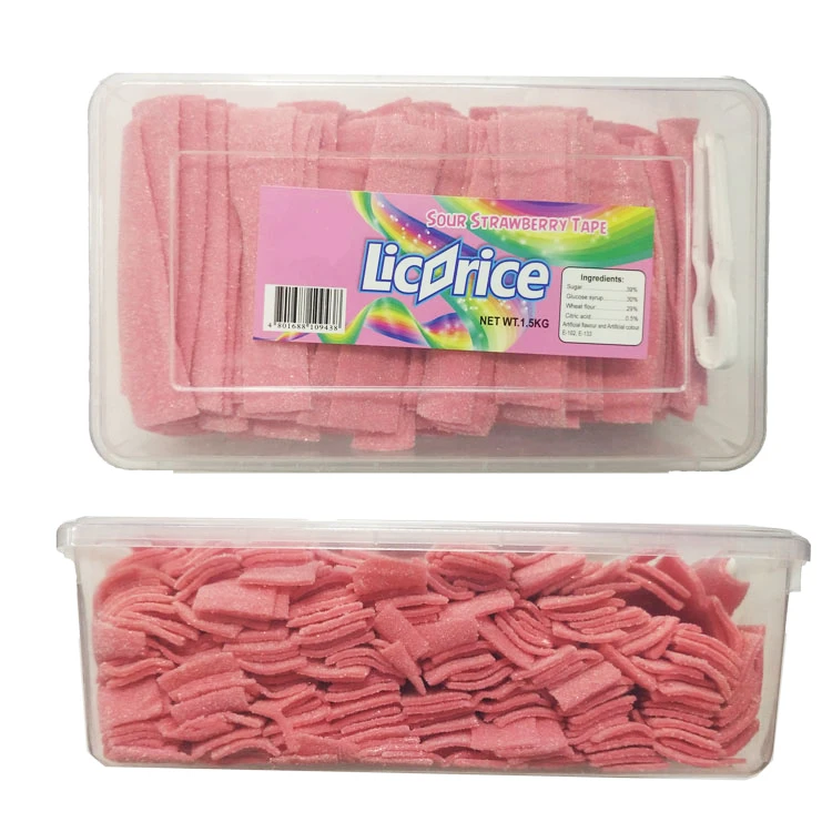 Sour strawberry belt candy in jar with plastic clip soft and chewy vegan candy