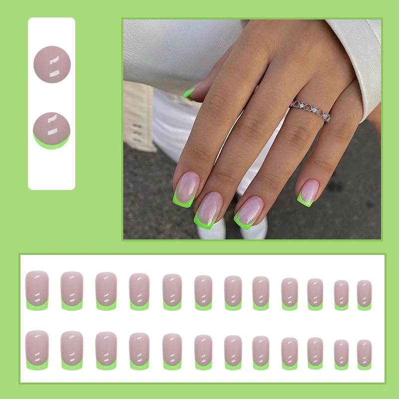 Salon Hot Sell Korean Style Diamond Glitter Pink Press on Nails French Tip With Sticker Glue Tab Kit