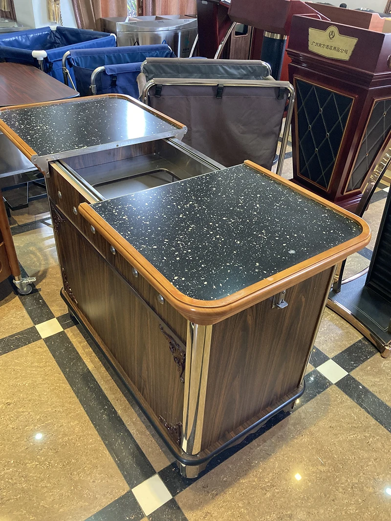 European Style Pull-close Luxury Mahogany Abalone Cart Mobile Flambe Cooking Trolley with Double Gas Stove and Wheels for Hotel