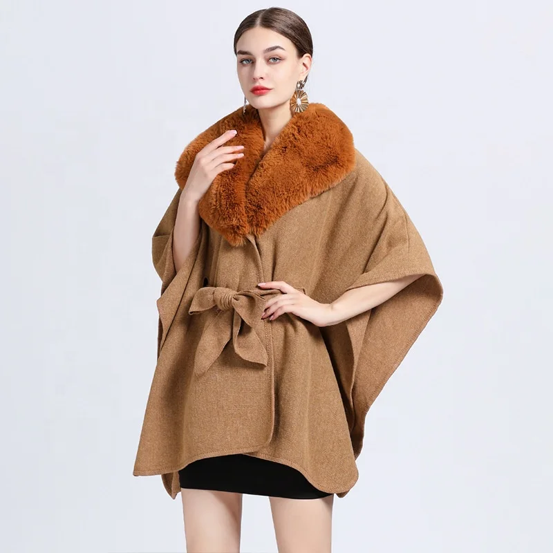Fashion casual loose cardigan faux rex rabbit fur collar lace up knit shawls for women winter coat