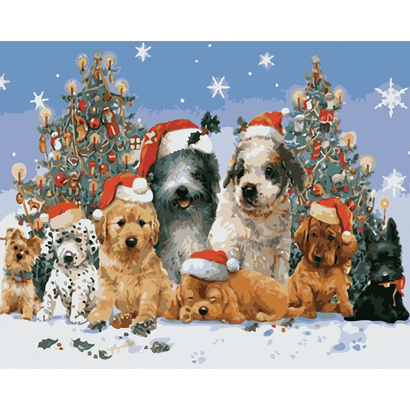 Wholesaling Christmas dogs and trees Merry Christmas design DIY painting by number oil painting
