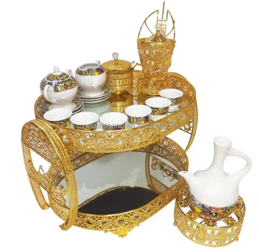 
Ethiopian Coffee Rekebot Metal Tray With Traditional Saba Edition Cups Set For Coffee Ceremony 