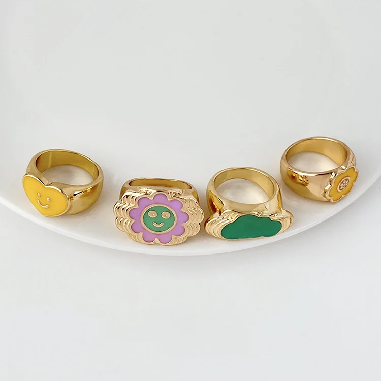 2021 New Design Cute Colorful Round Enamel cloud smile heart Rings Color brass for