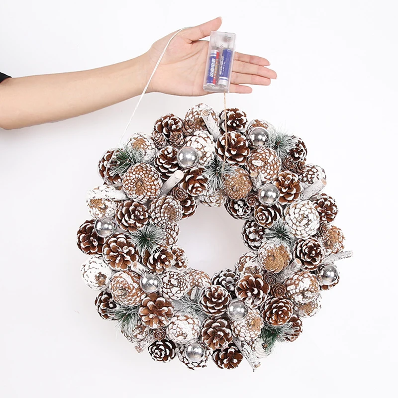 Christmas Light Wreath for Front Door Decoration with Ball Ornaments Poinsettia Flowers Pine Cones for Festival Party