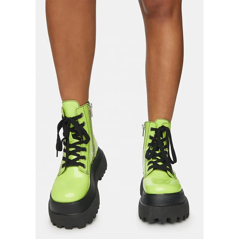 High Quality New Latest Round Toe Rose Red Green Platform Shoes Winter 2022 Big Size Lace Up Glossy Zipper Ankle Women Boots