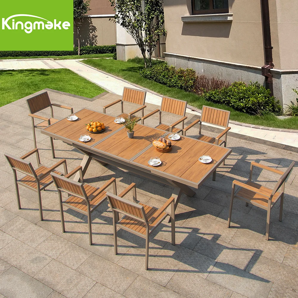 Wholesale Metal Patio Dining Table and Plastic Wood 6 Chairs Set Outdoor Aluminum Furniture Extendable Dining Table Set