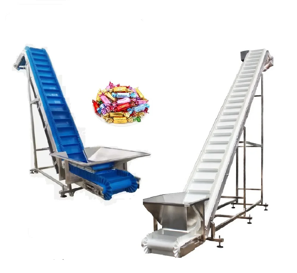 Z incline snack food potato chips modular blue cleat PVC PU belt elevator conveyor with hopper for packing machine