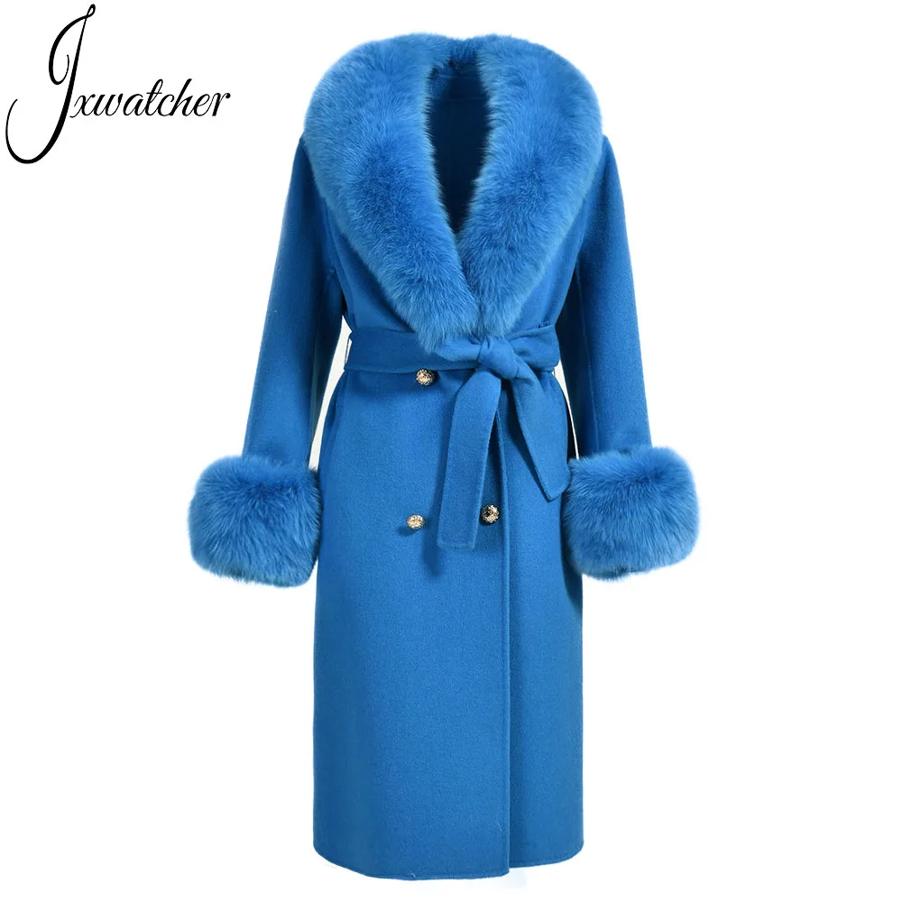 Fashion Lady Wool Coat Real Fox Fur Cuff Winter Spring Custom Ladies Pink Cashmere Fur Coat
