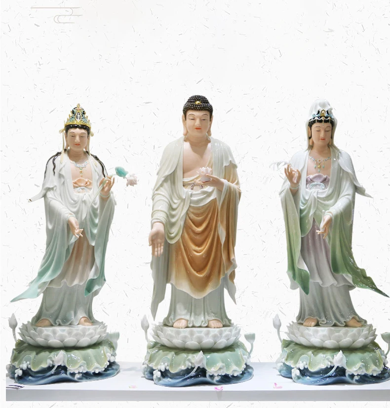 White Marble Buddha Statues Colored Glazes Sakyamuni Gold Jade Ornaments Western Three Sacred Buddha Statues