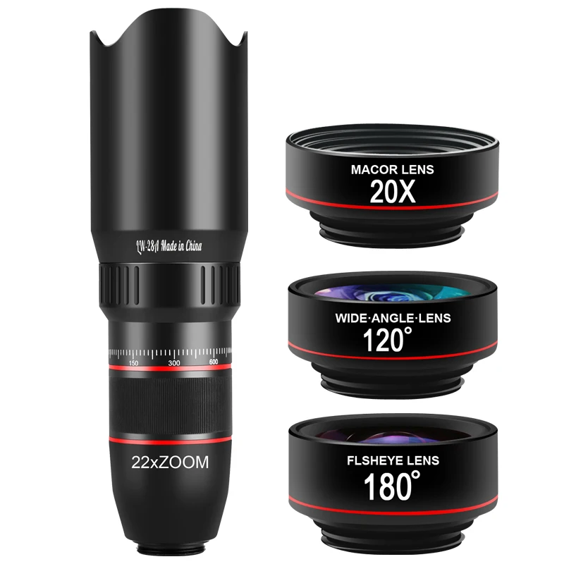 
 New Products 28X Zoom Telephoto Camera Lens Mobile 4 in 1 Fisheye Wide Angel Macro Lens Kit for Android and iOS Phone  