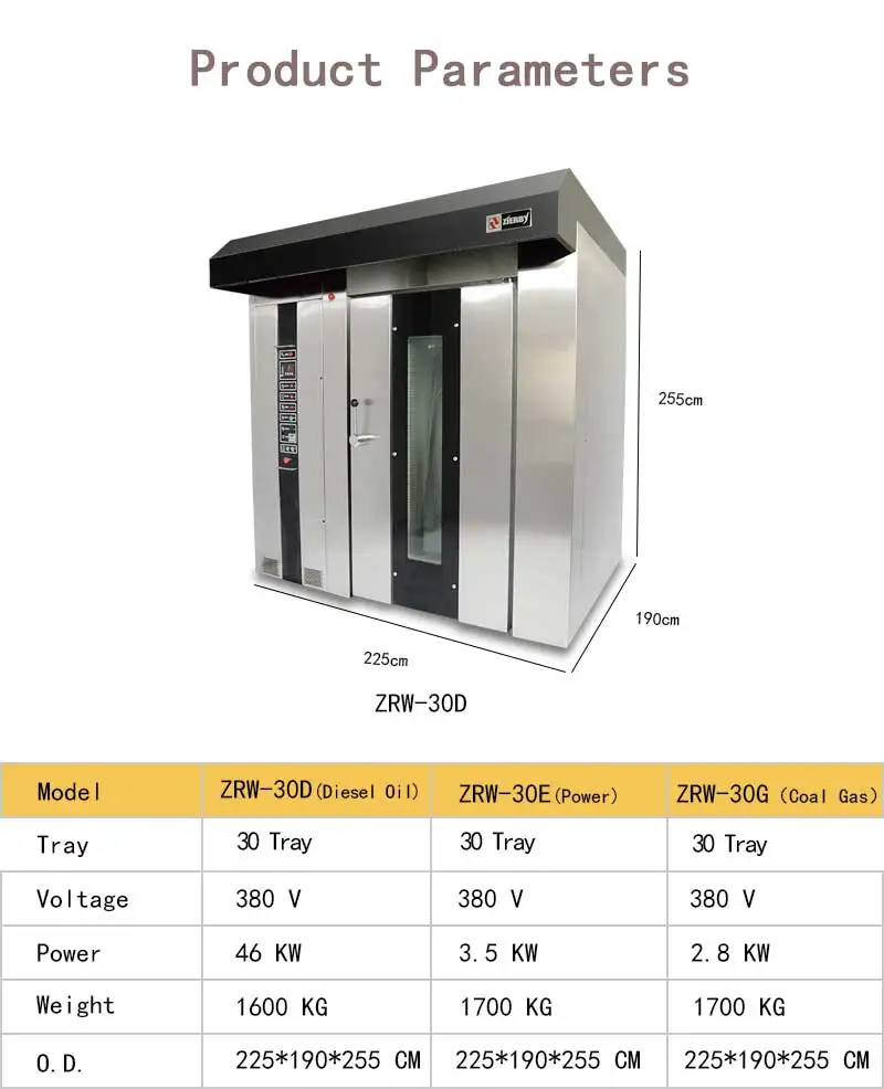 wide type supermarket bakery machine diesel hook lifting 30 tray rack rotary oven