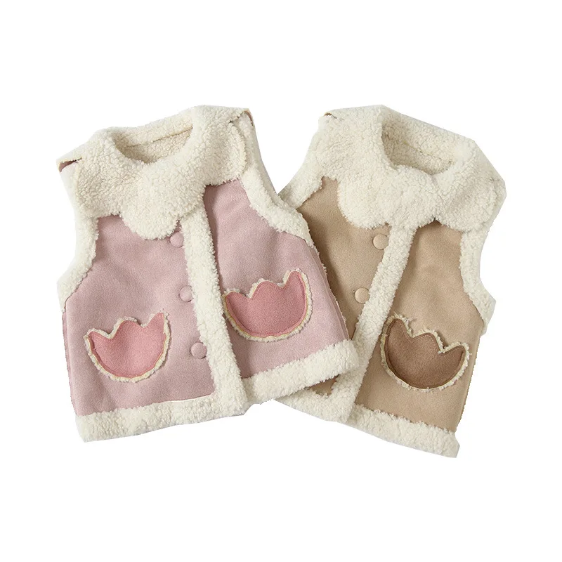 
Winter Kids Windproof Coat Baby Girls Suede Vest Toddler Vintage Warn Fleece Waistcoat With pockets 