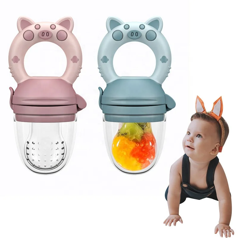 Factory Price Colorful Cartoon Pig Shaped Kids Baby Fruit Vegetable Biting Silicone Food Biting Feeder Fruit Pacifier
