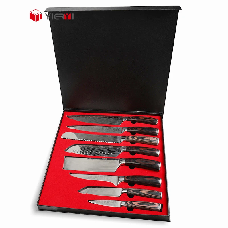 Wholesale price 9pcs sharp wooden stainless steel santoku chef modern knives kitchen knife set with gift box