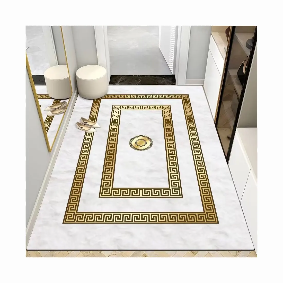 Gold border white pattern high-quality luxurious machine washable durable home decoration faux cashmere entrance door mat