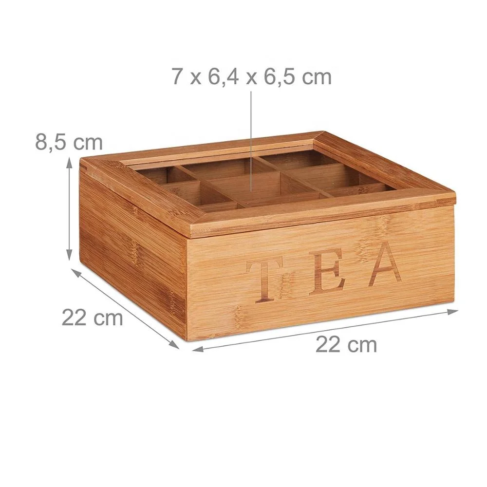 
Natural Bamboo Tea Box Storage Organizer- 9 Compartments Tea Bag Holder with Clear Glass Lid 