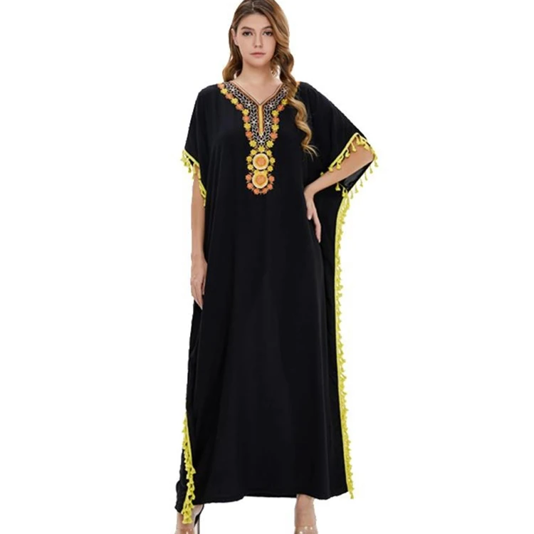 Popular products 2022 Fashion embroidered tassel leopard abaya Muslim dresses bat sleeves long dress