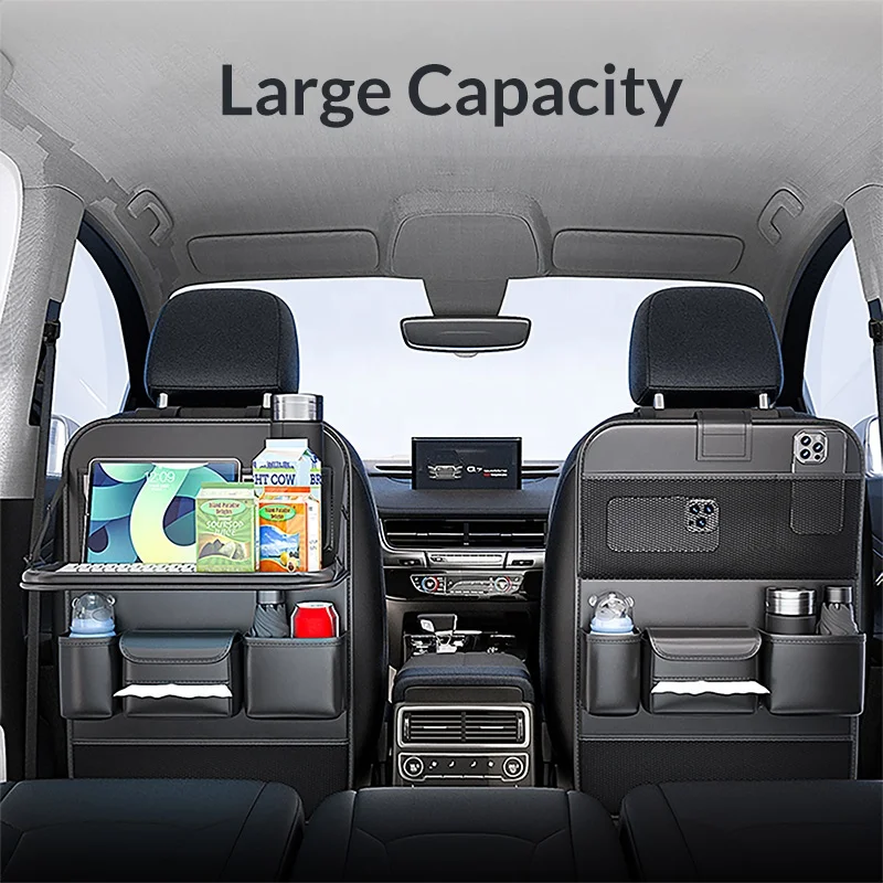 Anjuny PU Leather Multi Pocket Large Capacity Car Back Seat Storage Bag Car Organizer With Foldable Table Tray
