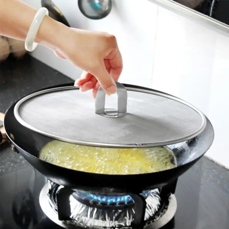 Kitchen Artifact Proofing Lid Filter Foldable Handle Metal Frying Pan Cover SS304 Splatter Screen