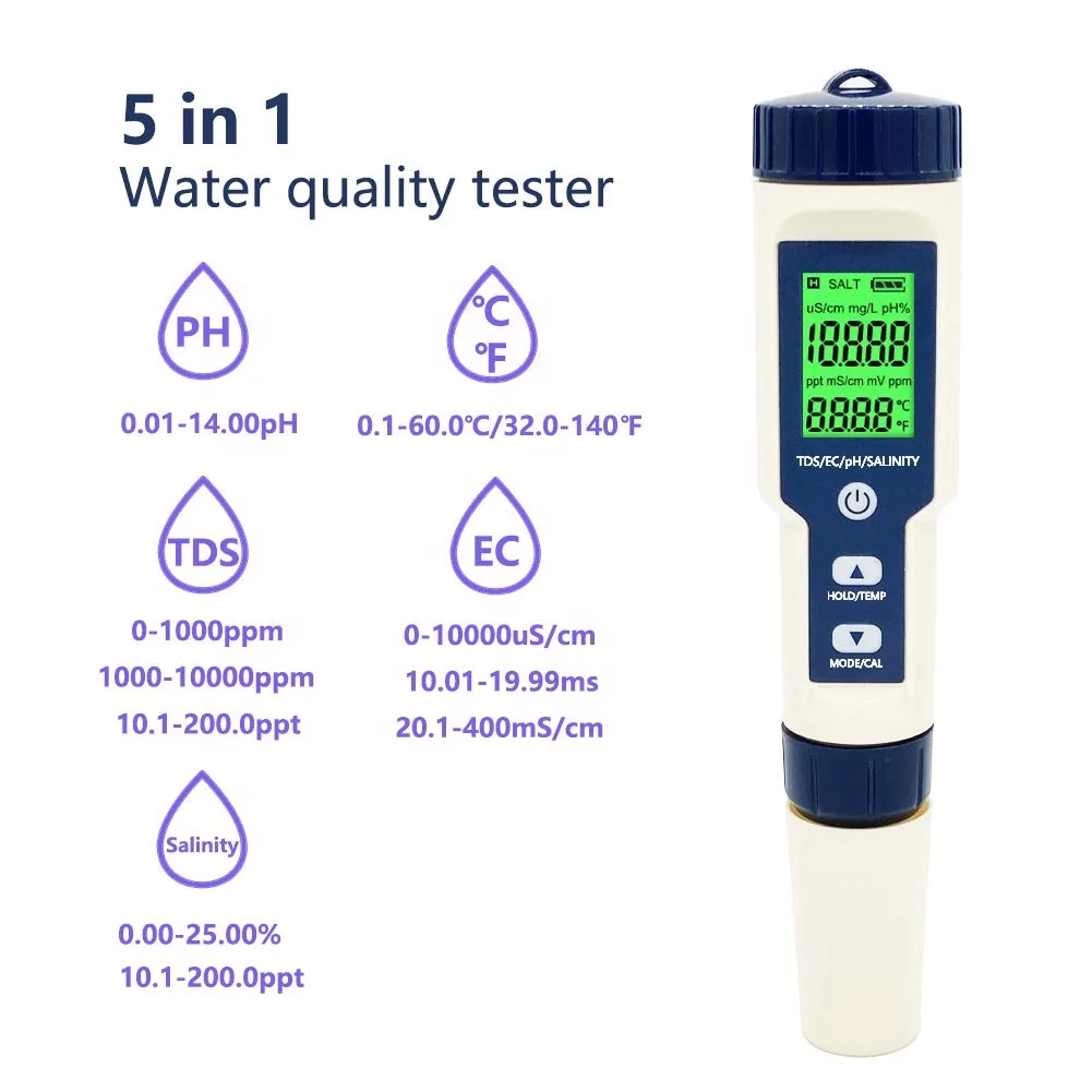 
High Quality 5 in 1 TDS/EC/PH/Salinity/Temperature Meter Digital Water Quality Monitor Tester  (1600135737730)