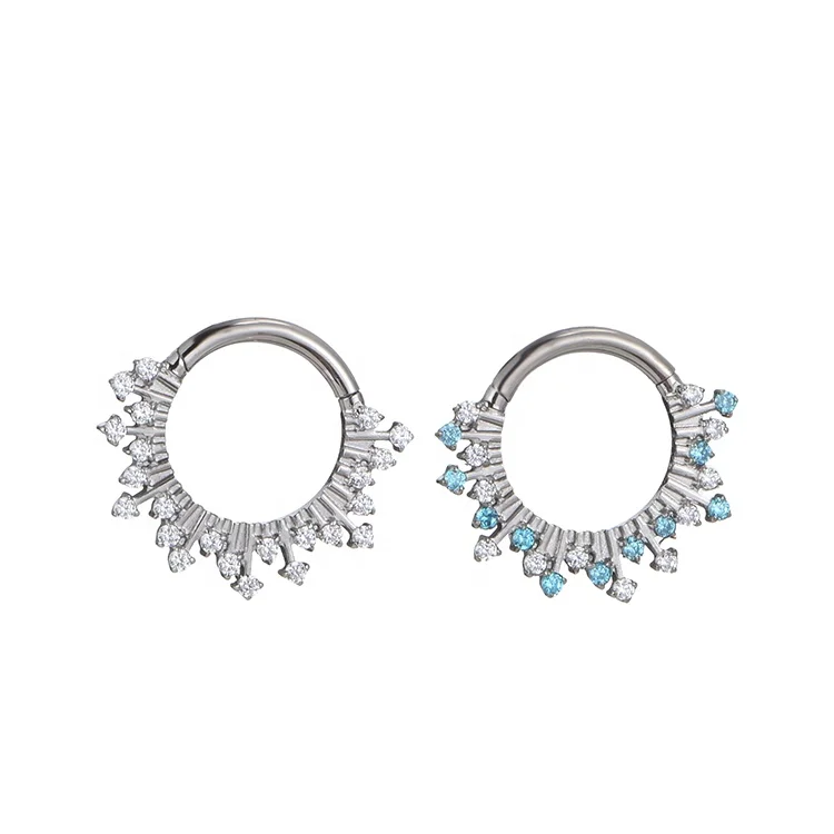 Fuxuan ASTM F136 Titanium Hinged Segment Clicker with Clear and Blue Zircon Nose Ring Conch Clicker Ring