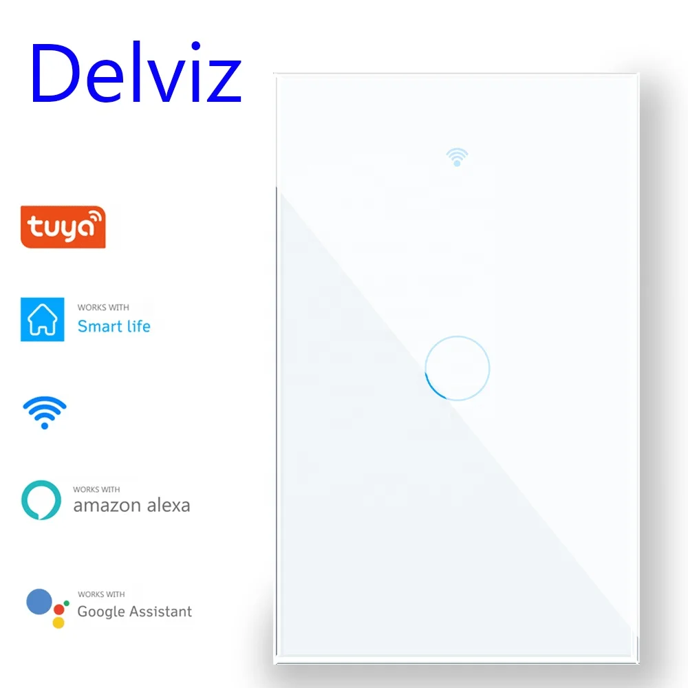 Delviz 120mm*72mm Crystal glass Touch panel,AC110V~250V,Google Alexa control,1gang 1 way Wall Light Power WiFi Tuya Smart Switch