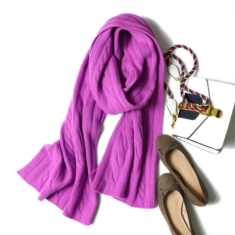 Women solid color cable knit ready to ship stock long shawl woolen cashmere scarf