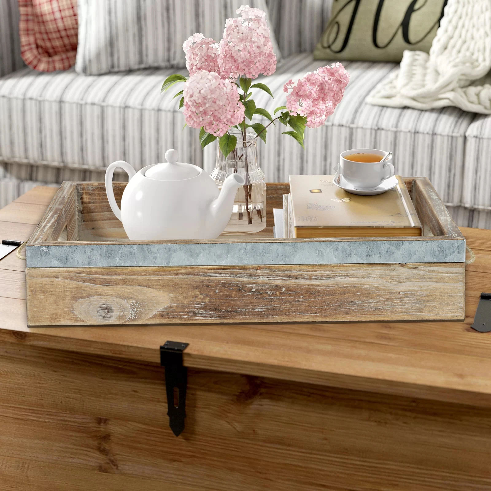 Decorative Trays Rustic Tray Coffee Table Decorative, Handcrafted Wooden Ottoman Tray With Handles, Farmhouse Serving Tray