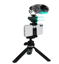 Portable Broadcast Equipment Vlog Device Stabilizer Phone Mount with LED Light and Microphone