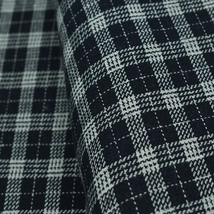 Korean fashion heavyweight 54% linen 46% polyester plaid fabrics checked black clothing manufacturing fabric for sale