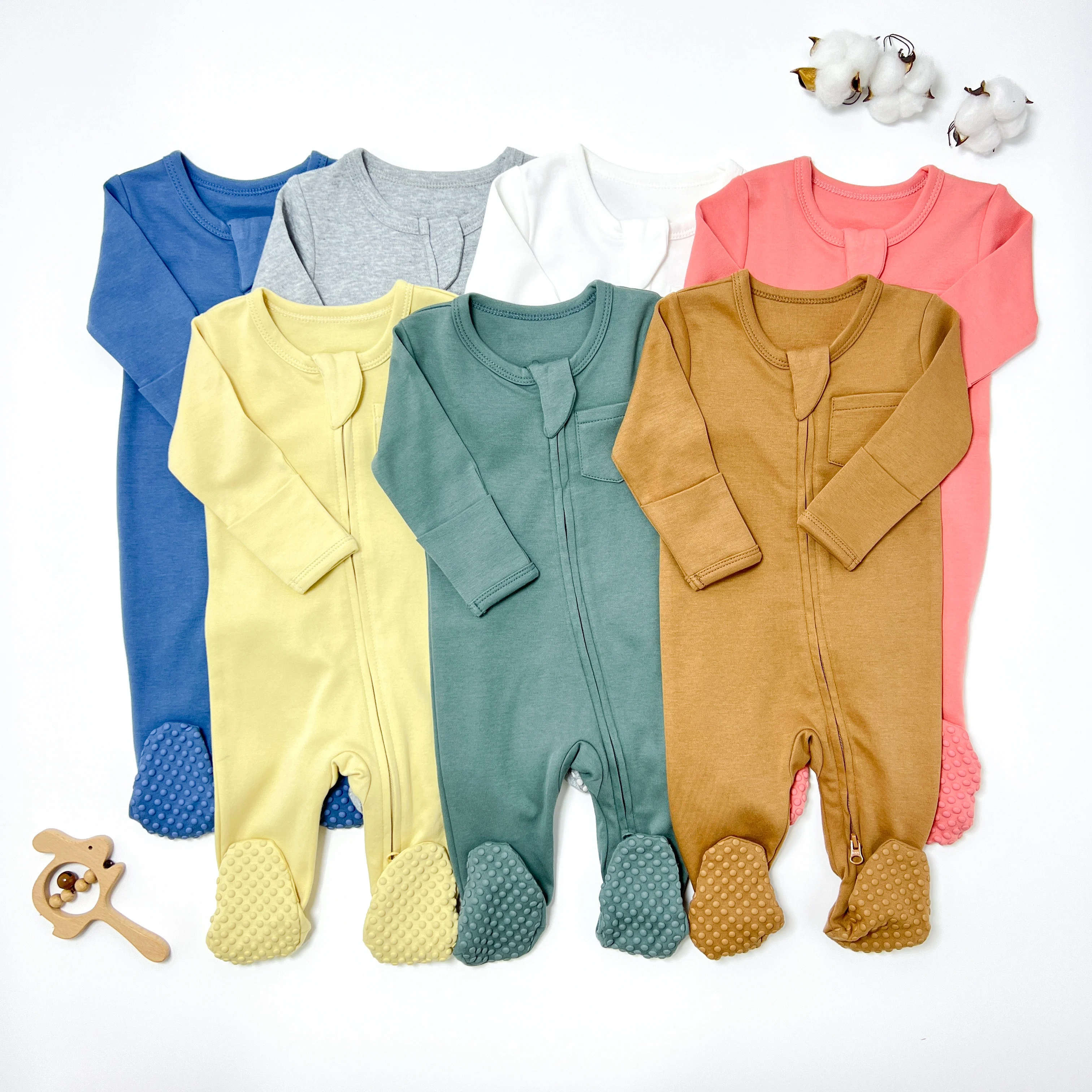 Wholesale Toddler 100% Organnic Cotton Pajamas Long Sleeve Zipper Baby Footed Pajamas Infant Romper