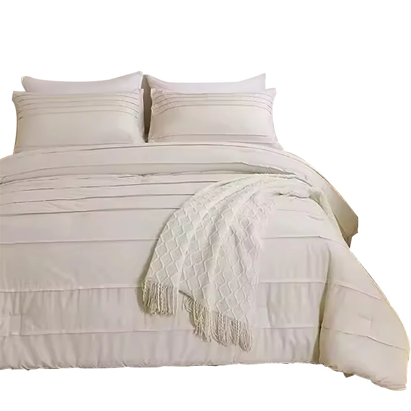 Plain Color 5 Pcs Comforter Set Full Size Pleated Textured Bohemian Style Bedding Set with Sheets Pinch Pintuck Striped Fluffy
