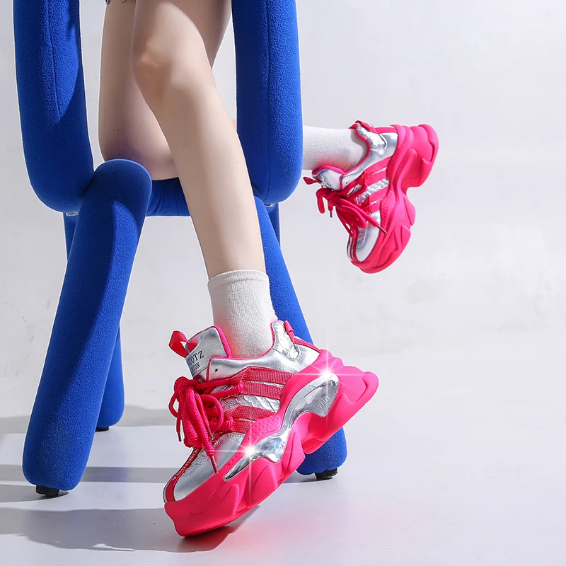 8CM Heels Autumn Chunky Sneakers for Women 2023 Platform Sports Breathable Leather Shoes Woman Lace-up Thick Bottom Dad Shoes
