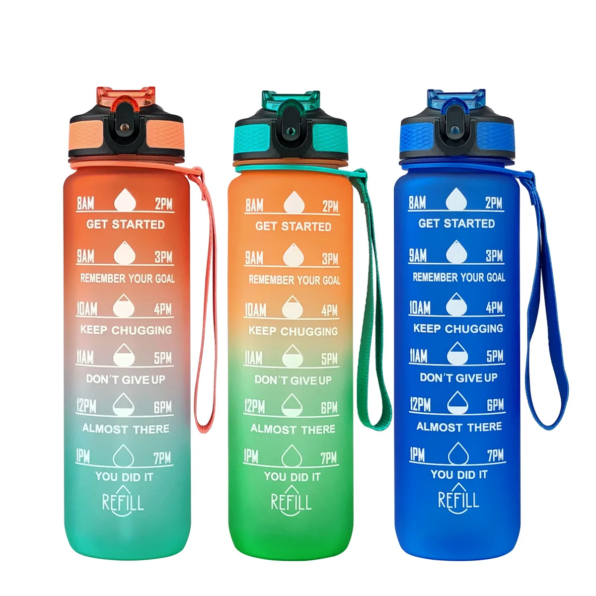 Outdoor Gym Fitness Top Sale 32oz Plastic Straw Water Bottle with Time Marker and Motivation