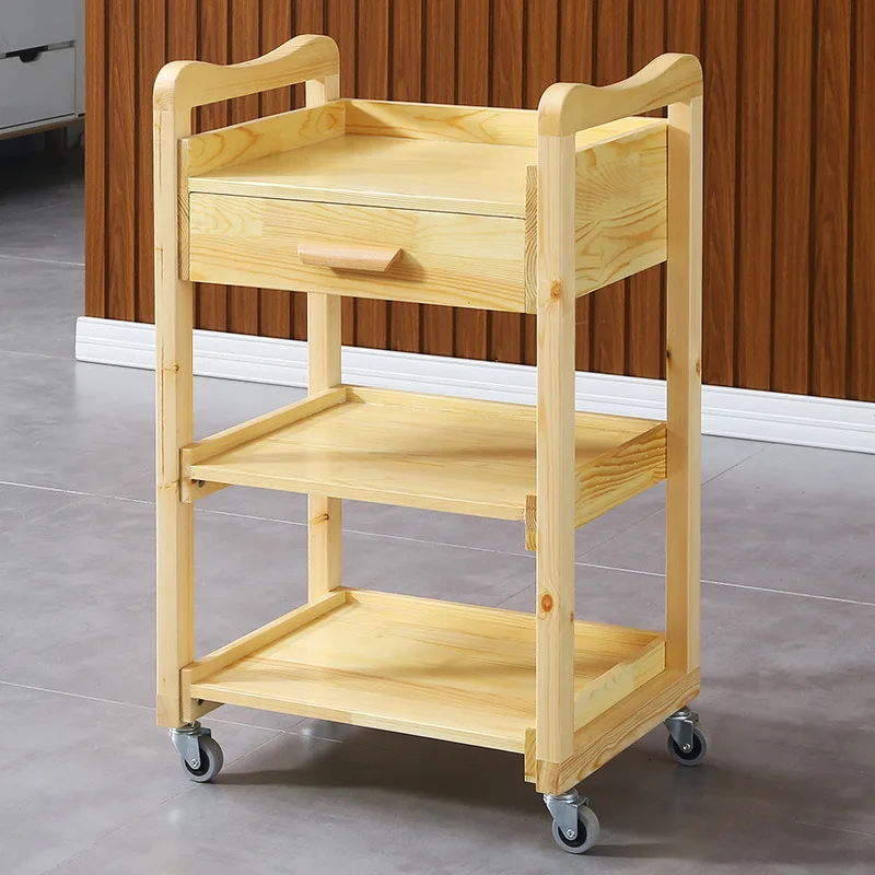 Solid Beauty Multifunctional Salon Three Layer Rack Tool Car Hairdressing Bamboo Wooden Kitchen Trolley With
