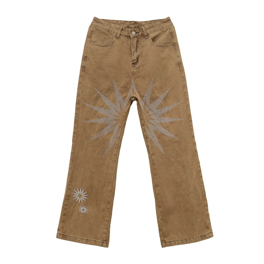 Wholesale Brown Casual regular Fit Crazy Embroidered Logo Denim Jeans For Men On Sale