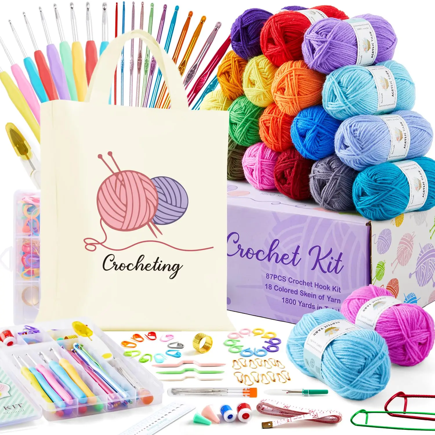 58pcs Crochet Kit Beginners Crochet Set With Crochet Yarn Portable Crochet Hook Set Soft Full Knitting Supplies