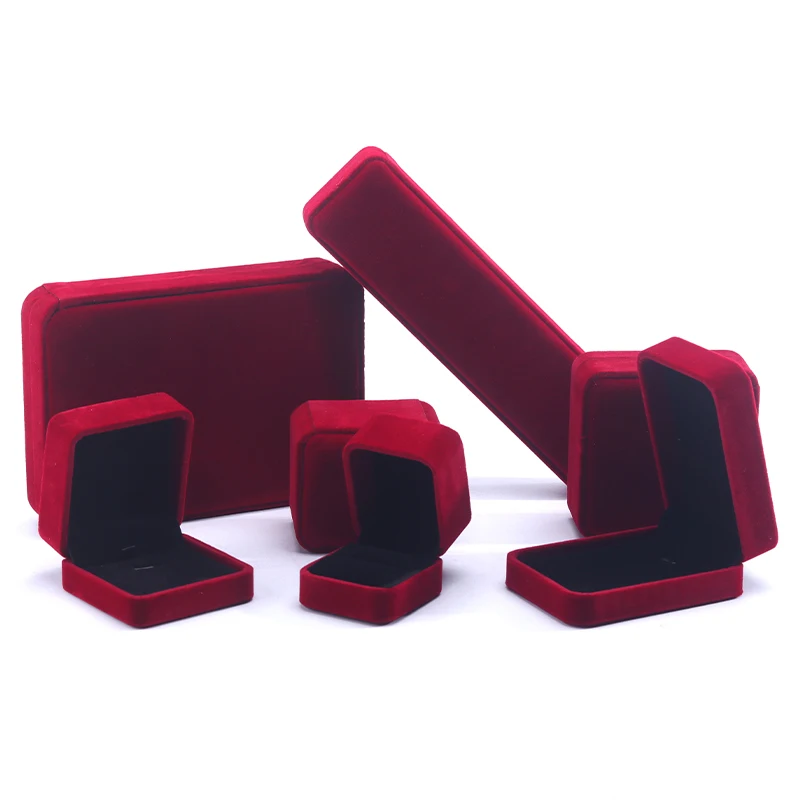 Hanhong custom wholesale necklace stud earrings bracelet jewelry packaging box dark red velvet ring jewelry box