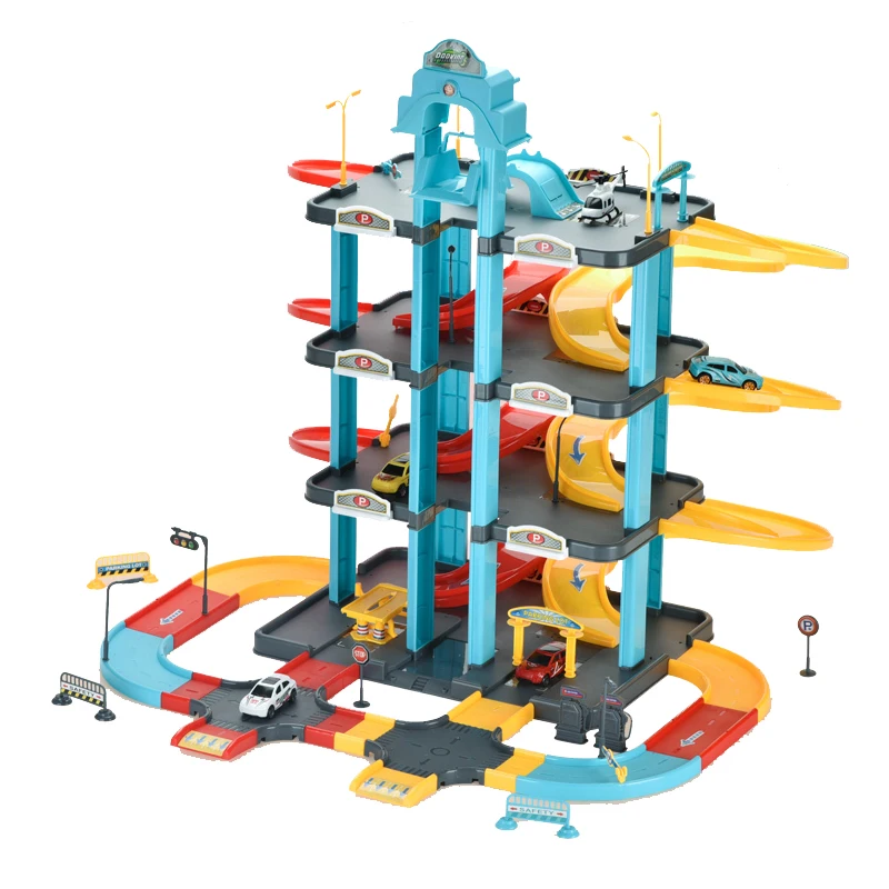 QS High Quality Boy Game Play Against Race Track Set Toys Plastic Garage Toy City Music Light Parking Lot Toy With Car Plane